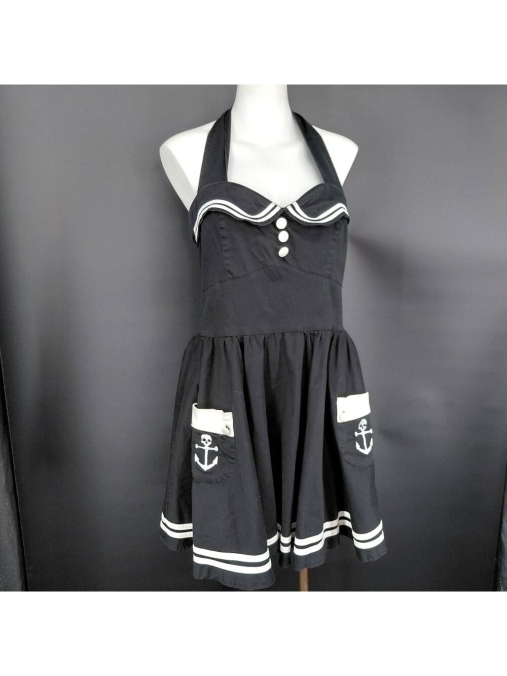 Hell Bunny Vixen Dress Womens XL Black Halter Nautical Skull Fit Flare Pockets